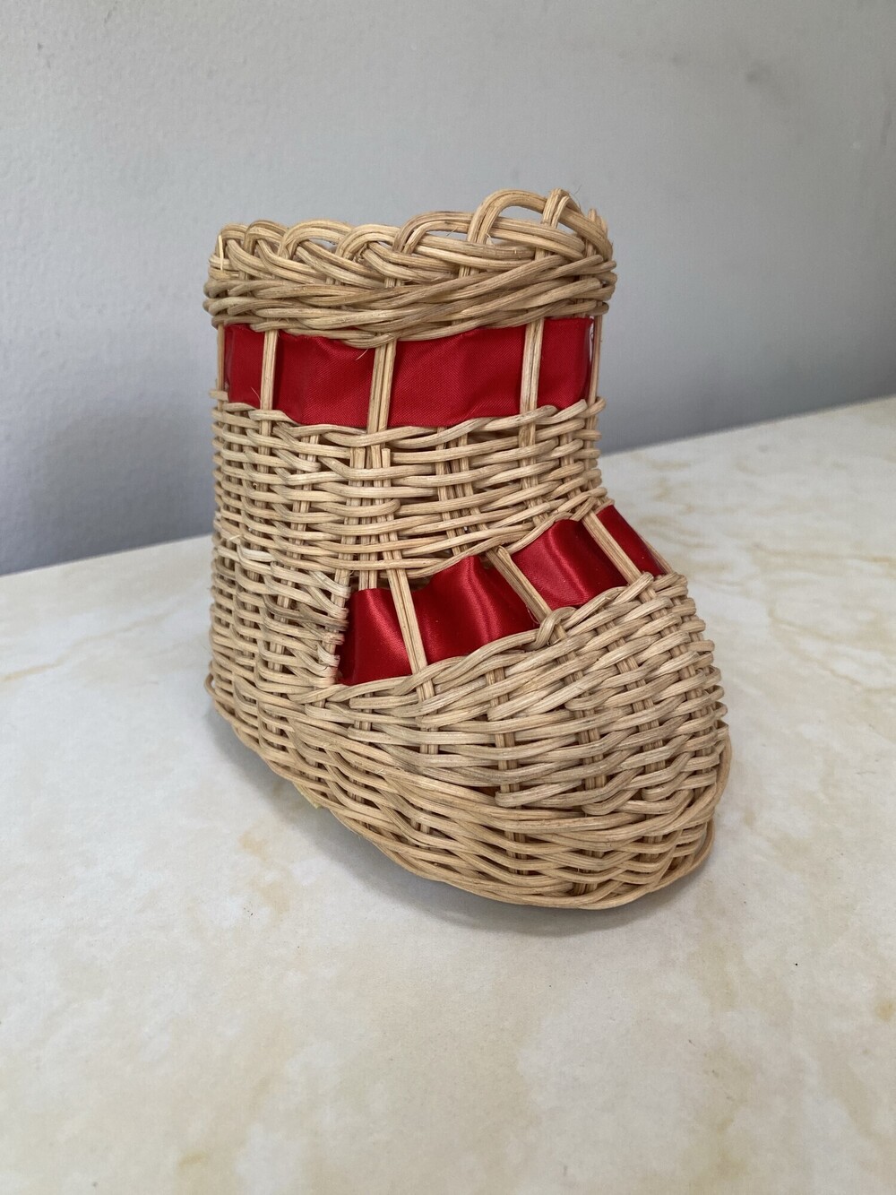 Vintage Wicker Christmas Boot Basket With Red Satin Lining
